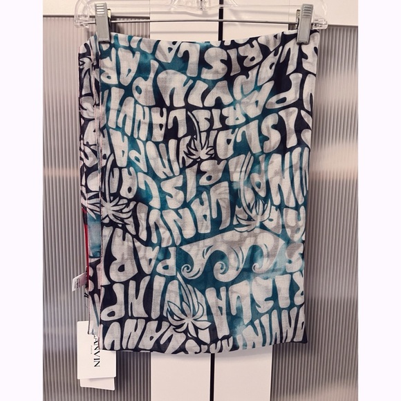 NWT Lanvin 100% Wool Logo Print Scarf Palm Trees Tropical Blue Red - Picture 5 of 12